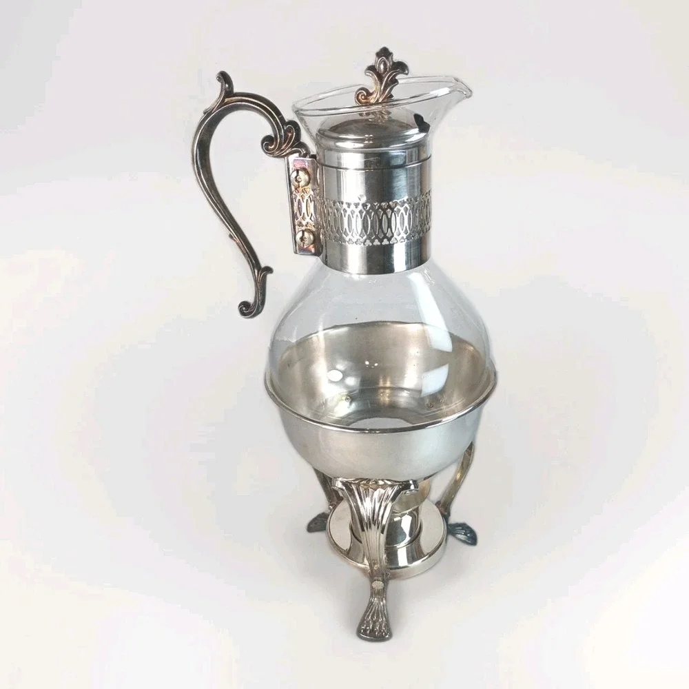 Vtg MCM Style Silver Plated & Glass Coffee Tea Carafe with Footed Warmer Stand